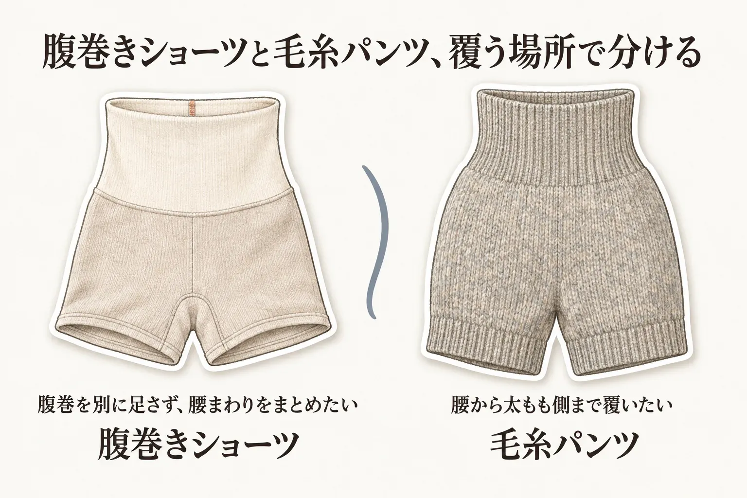 腹巻きショーツと毛糸パンツを覆う場所で分ける図。腹巻を別に足さず腰まわりをまとめたい腹巻きショーツと、腰から太もも側まで覆いたい毛糸パンツを並べている。