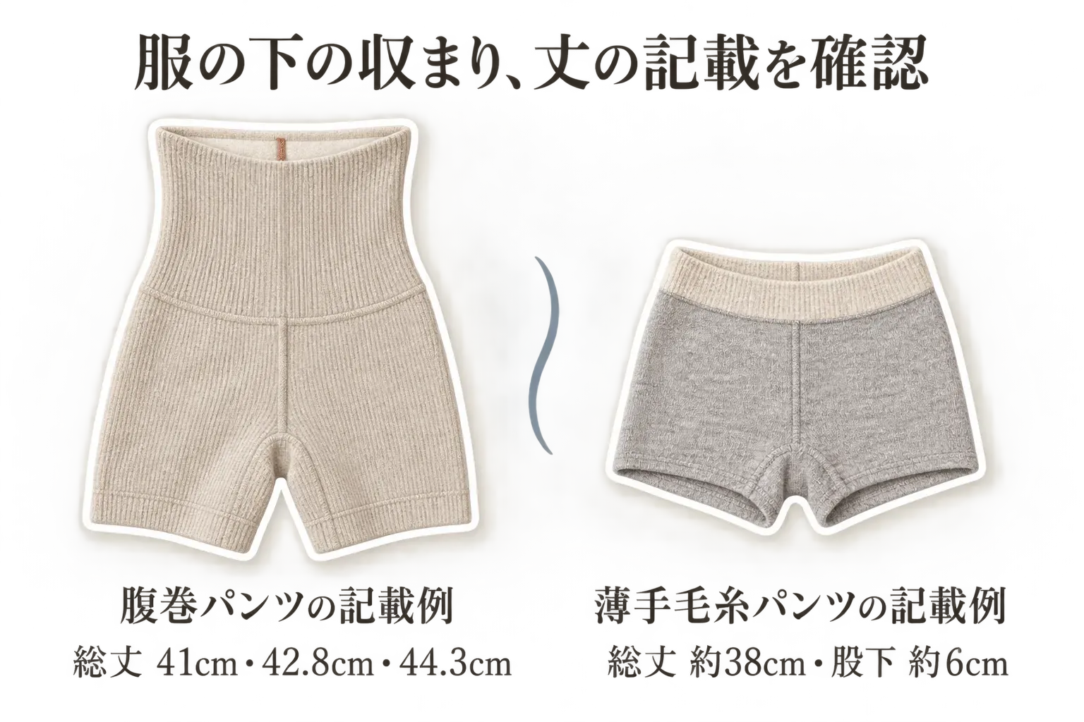 服の下の収まりを丈の記載から確認する図。腹巻パンツの総丈41cm・42.8cm・44.3cmの記載例と、薄手毛糸パンツの総丈約38cm・股下約6cmの記載例を並べている。