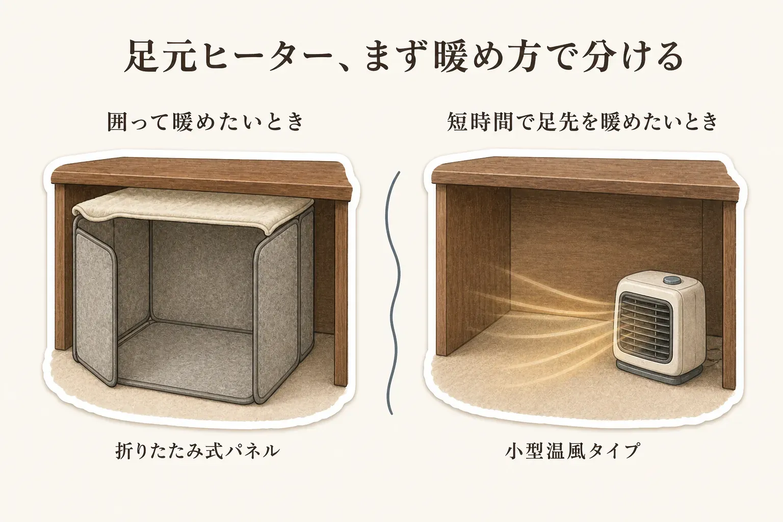 狭い机での足元ヒーターの使い分けを示す図。足先からふくらはぎまでを囲って温める折りたたみ式パネルヒーターと、足元に温風を当てて短時間で暖める小型デスクヒーターを比較している。