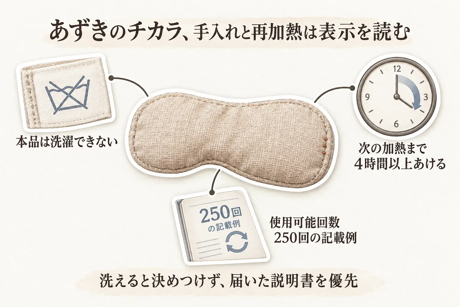 あずきのチカラの手入れと再加熱時の表示を示す図。本品は洗濯できないこと、次の加熱まで4時間以上空けること、使用可能回数250回の記載例を示し、洗えると決めつけず届いた説明書を優先するよう案内している。
