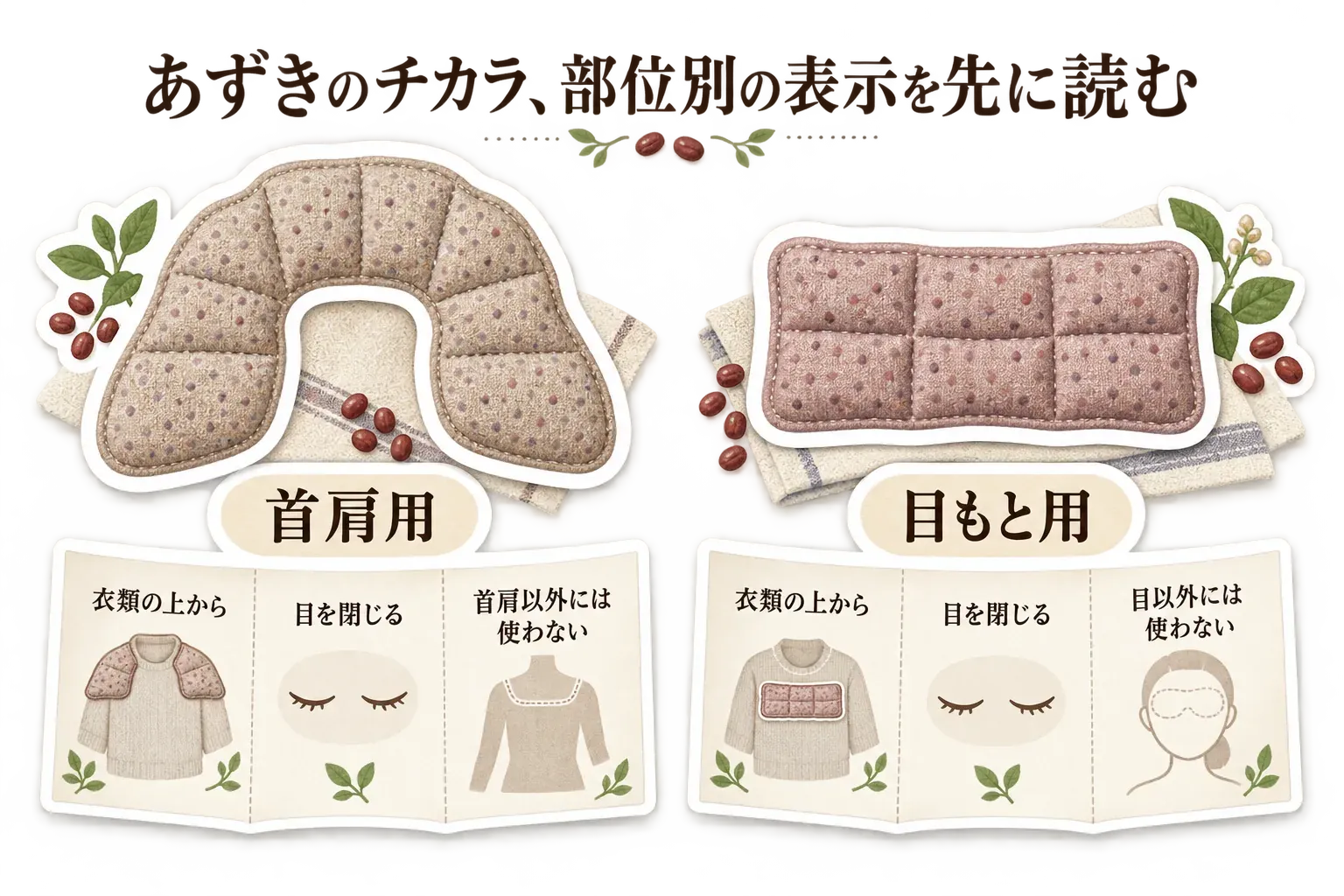 あずきのチカラの部位別使用表示を示す図。首肩用は衣類の上から使い首肩以外には使わず、目もと用は目を閉じて使い目以外には使わないことを示している。