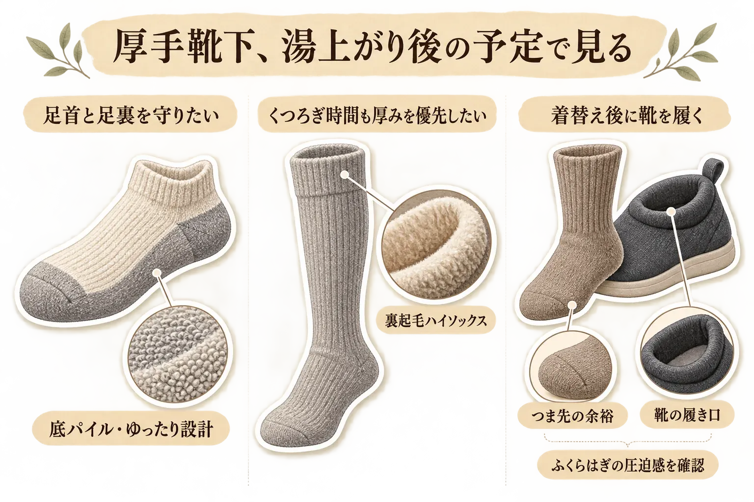 湯上がりに履く厚手靴下の確認点を示す図。足首の締めつけ、足裏の厚み、靴下の丈、蒸れ、着替え後に履く靴との収まりを確認する様子を描いている。