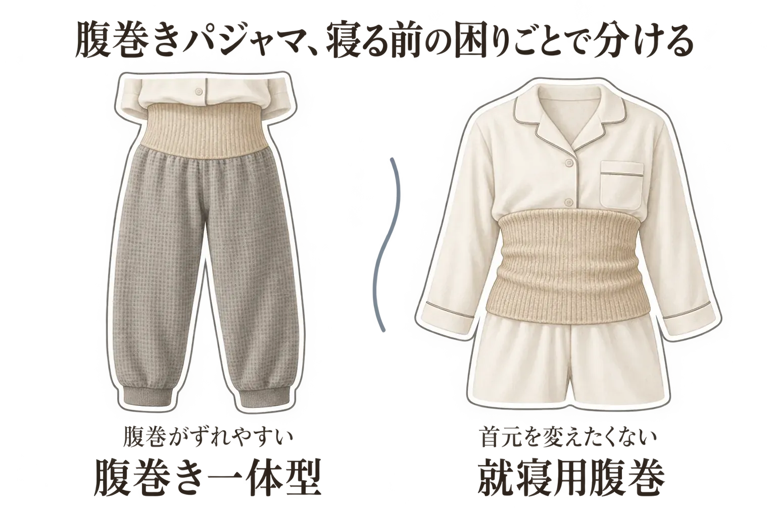 腹巻きパジャマと就寝用腹巻の選び方を示す図。左は腹巻がボトムスと一体になったパジャマで腹巻がずれやすい人向け、右は手持ちのパジャマに腹巻を重ねて首元を変えたくない人向けとして描かれている。