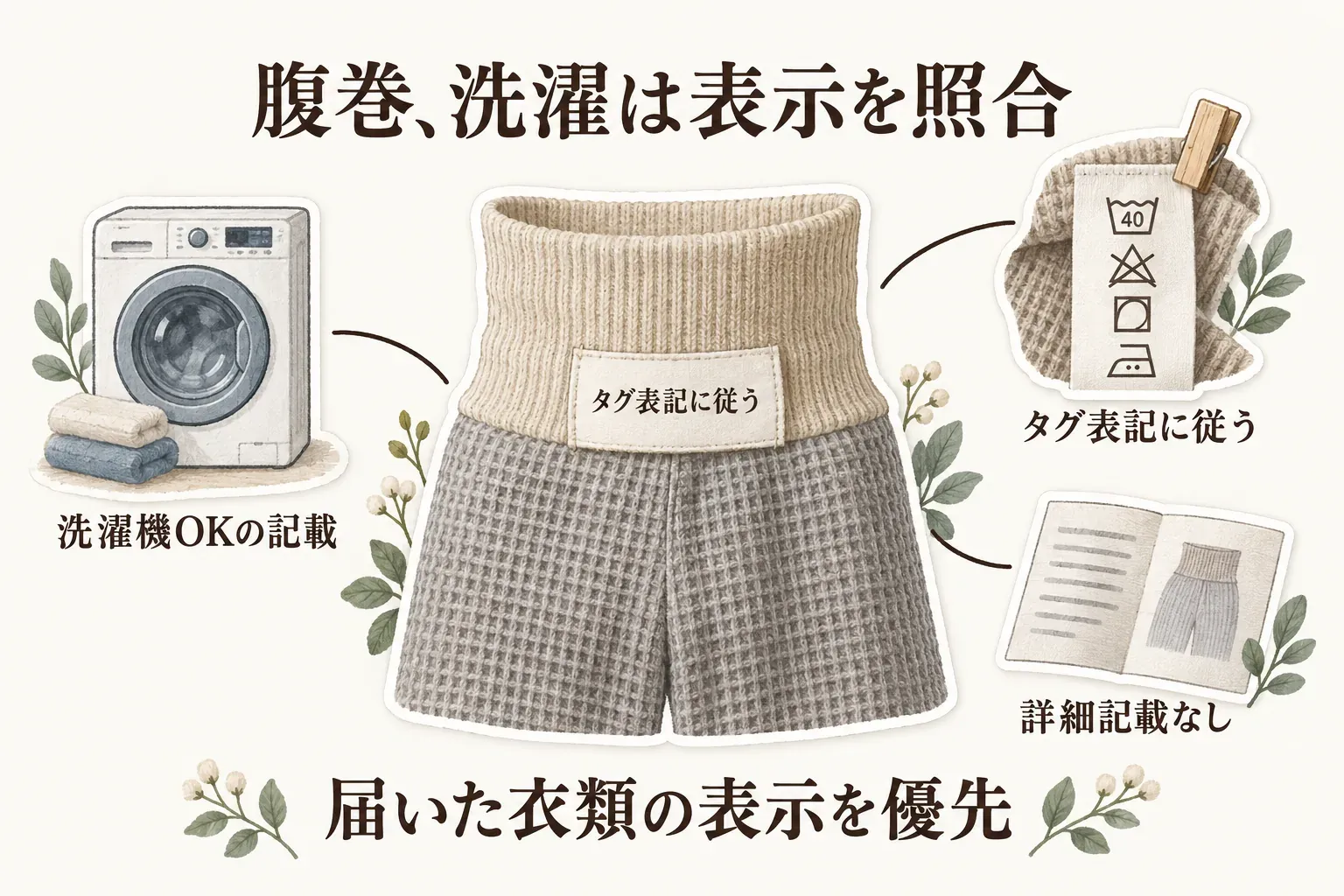 腹巻き衣類の洗濯表示を照合する図。洗濯機OKの記載、タグ表記に従う洗濯ラベル、洗濯方法の詳細記載がない商品説明を並べ、届いた衣類の表示を優先することを示している。