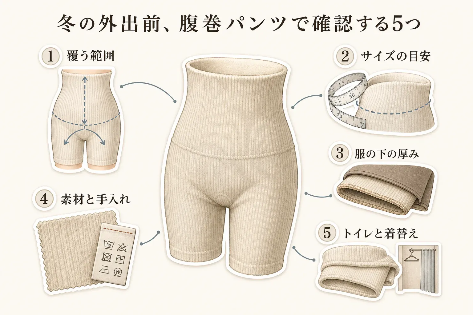 冬の外出前に腹巻パンツで確認する5項目を示す図。覆う範囲、サイズの目安、服の下の厚み、素材と手入れ、トイレと着替えを、腹巻パンツのイラストとともに示している。