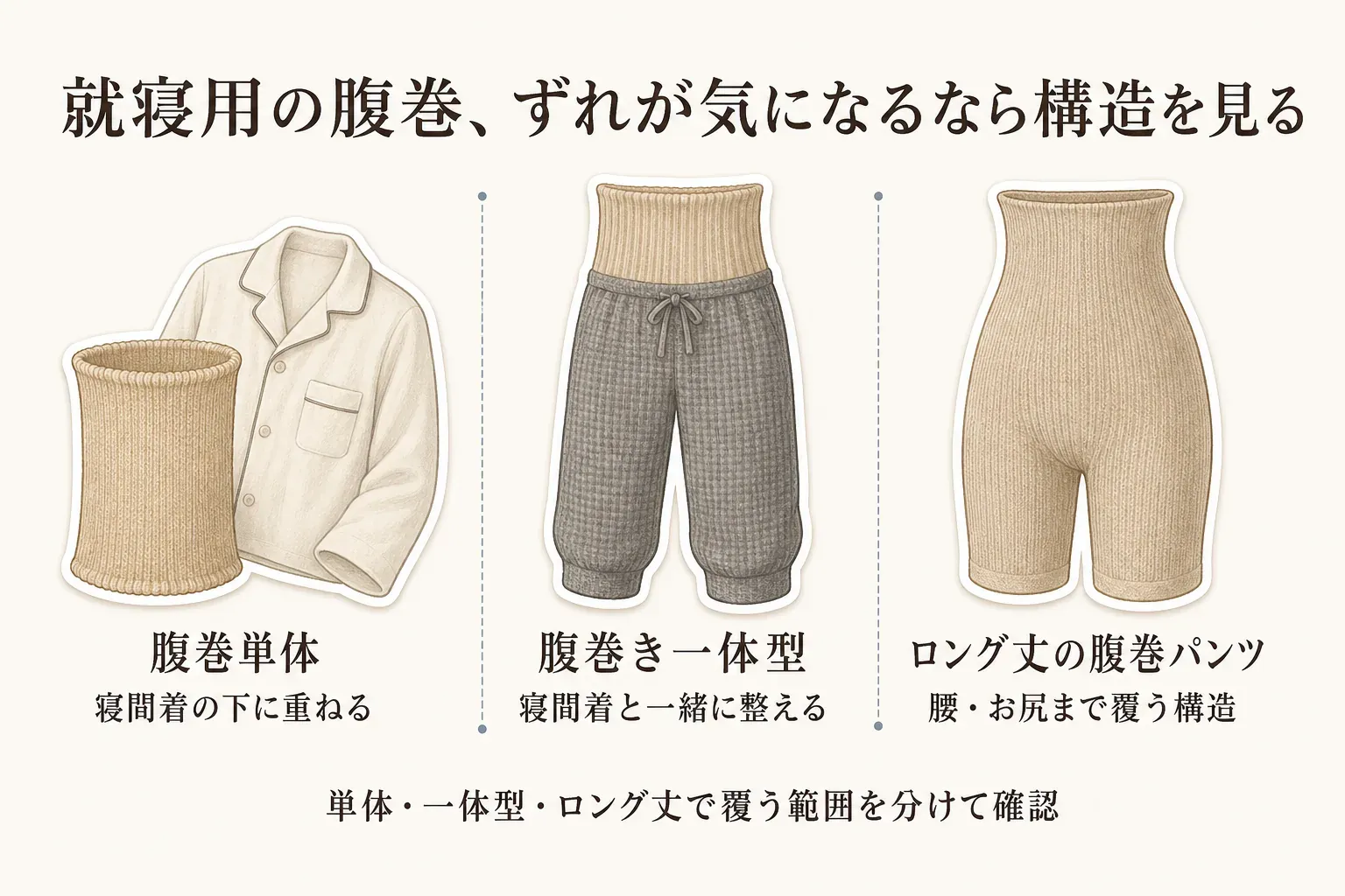 就寝用腹巻の3つの構造を比較する図。腹巻単体は寝間着の下に重ねる、腹巻き一体型は寝間着と一緒に整える、ロング丈の腹巻パンツは腰からお尻まで覆う構造として、腹巻・パジャマ・腹巻き一体型パンツ・ロング丈パンツのイラストで示している。