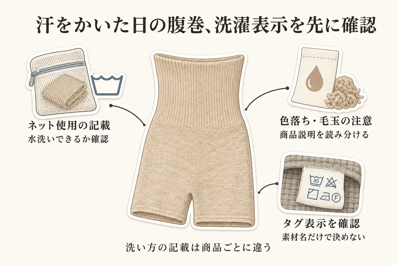 汗をかいた日の腹巻の手入れで確認する点を示す図。ネット使用の記載と水洗いの可否、商品説明にある色落ち・毛玉の注意、衣類タグの洗濯表示を、洗濯ネット・洗濯槽・腹巻・洗濯タグのイラストで示し、洗い方は商品ごとに異なると説明している。