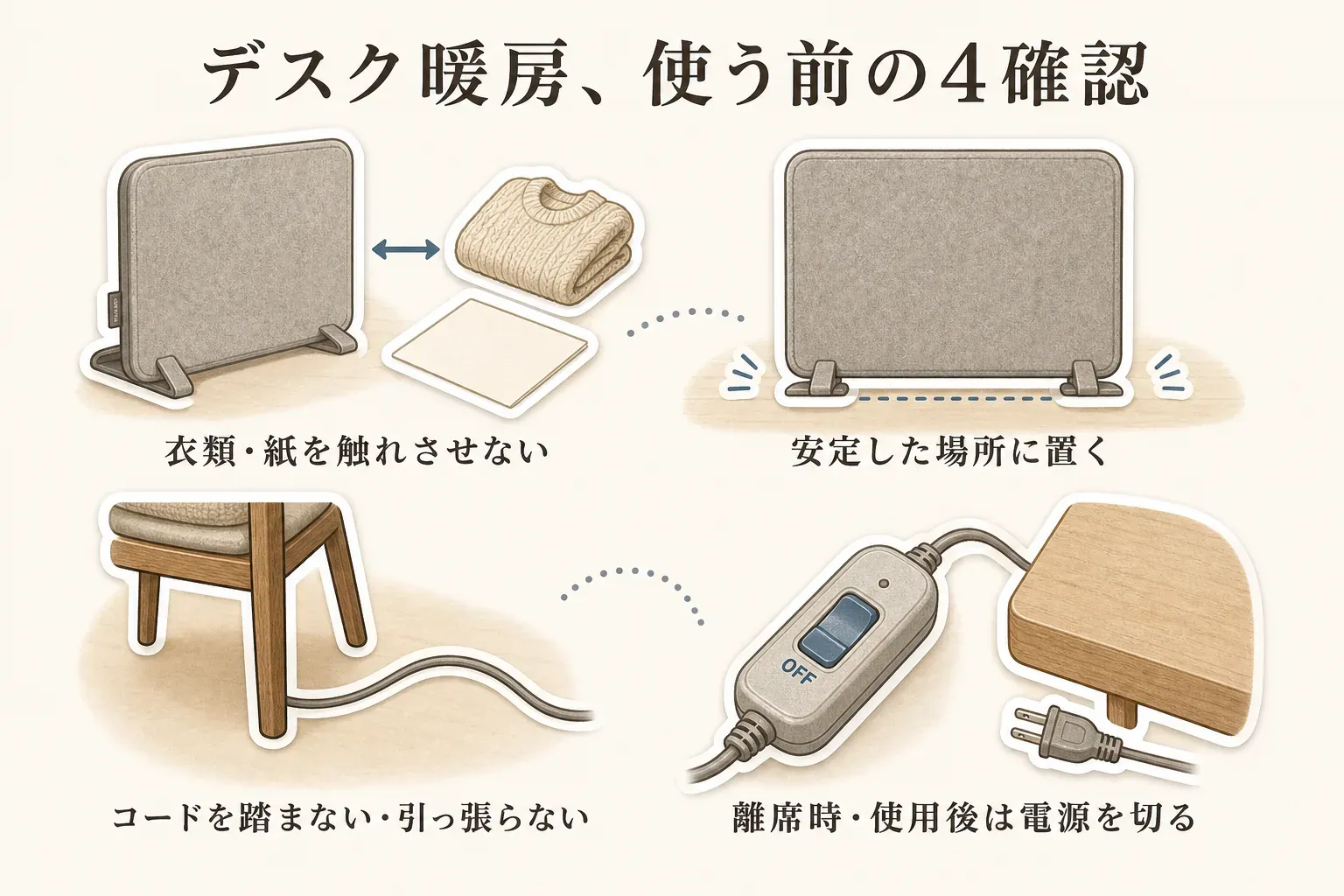 デスク用暖房の安全確認を示す図。ヒーター部に衣類や紙を触れさせないこと、安定した場所に置くこと、電源コードを椅子の脚で踏まず無理に曲げないこと、離席時は電源を切ることを確認している。