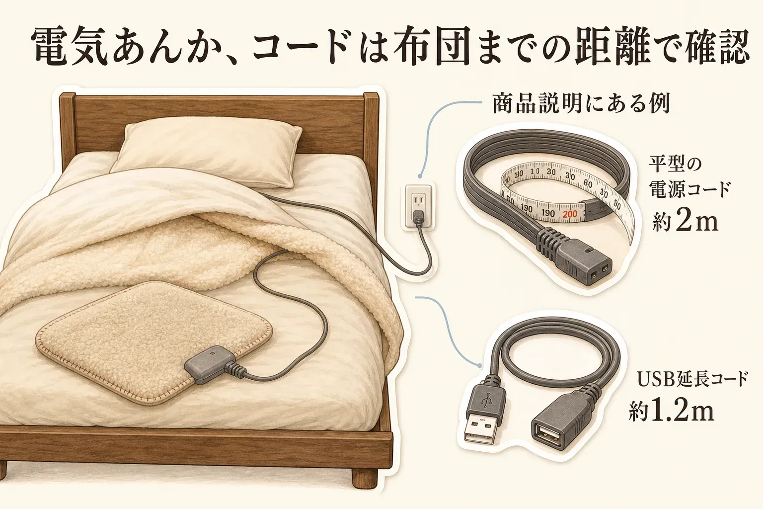 電気あんかのコードを布団までの距離で確認する図。ベッド脇のコンセントから平型あんかへコードを引く例と、商品説明にある平型の電源コード約2m、USB延長コード約1.2mの例を示している。