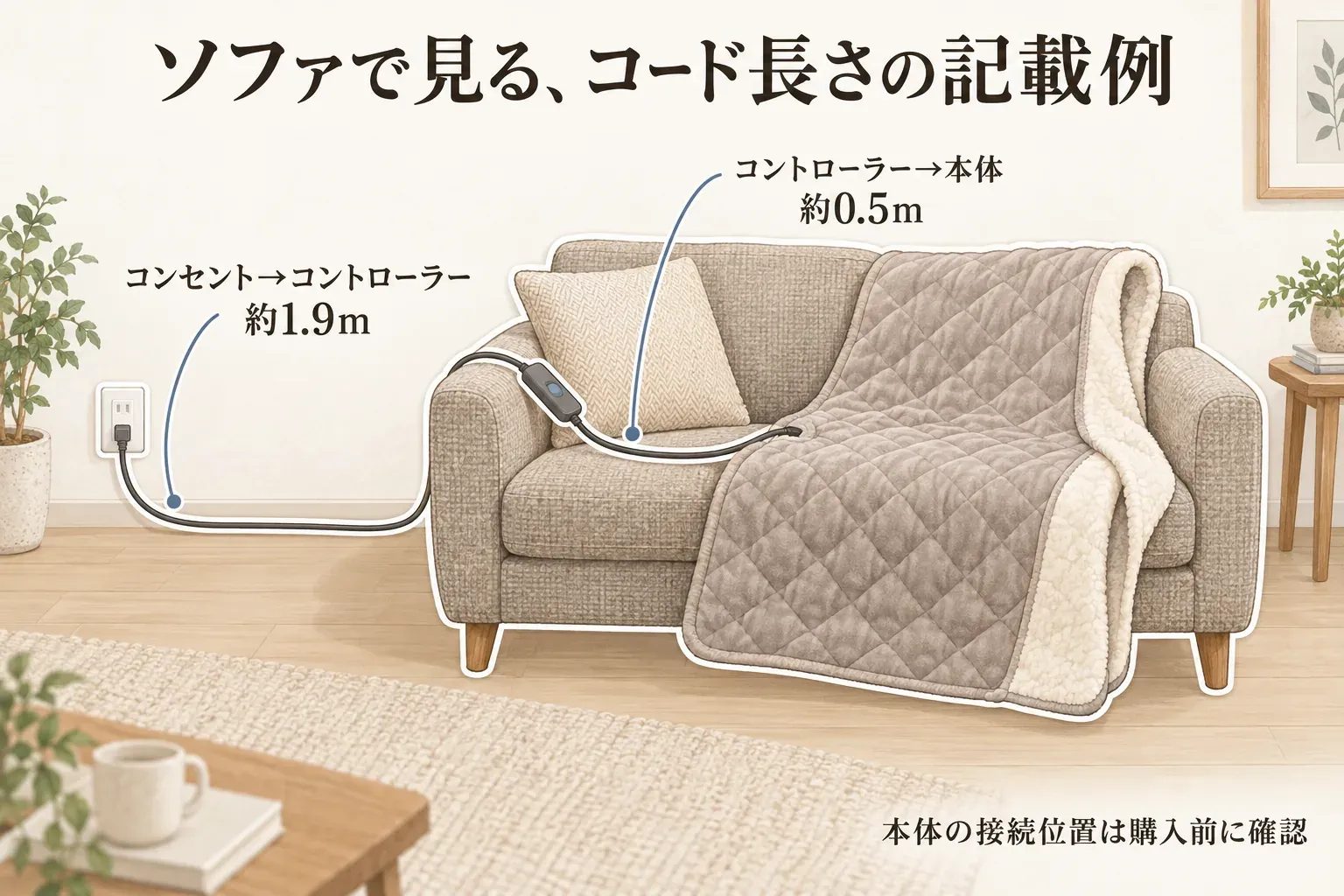 ソファで電気ひざ掛けのコード長さを確認する図。コンセントからコントローラーまで約1.9m、コントローラーから本体まで約0.5mの例と、本体の接続位置は購入前に確認する注意を示している。