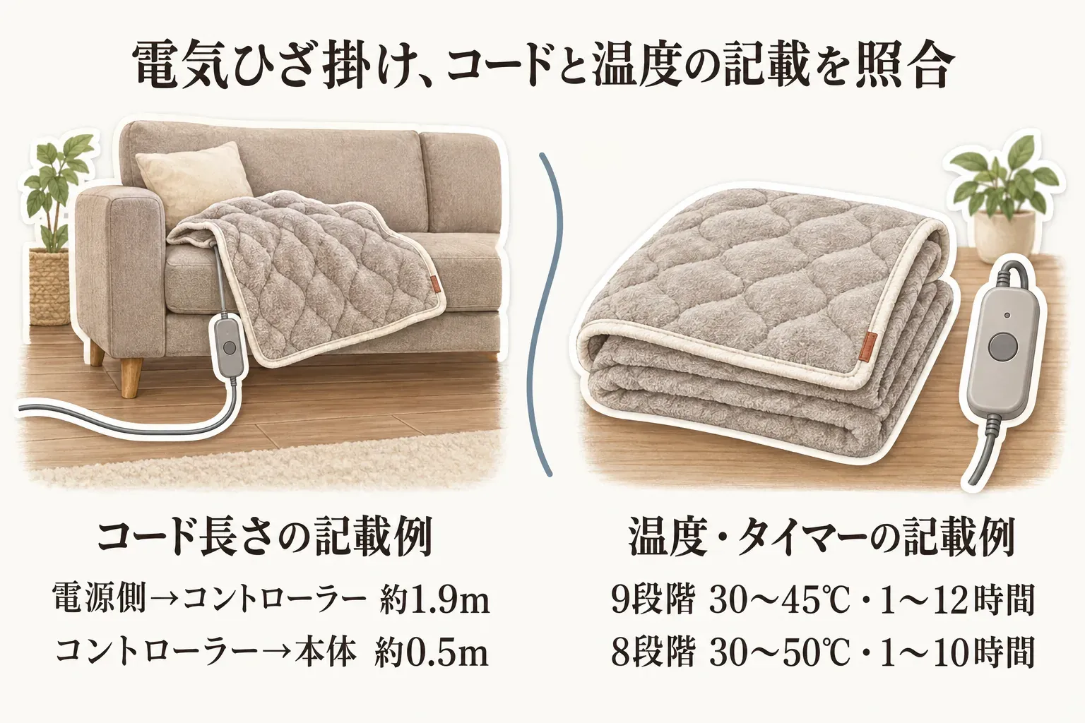 電気ひざ掛けの商品説明にあるコード長さ・温度・タイマーの記載を照合する図。電源側からコントローラーまで約1.9m、コントローラーから本体まで約0.5m、9段階・30〜45℃・1〜12時間、8段階・30〜50℃・1〜10時間の例を示している。