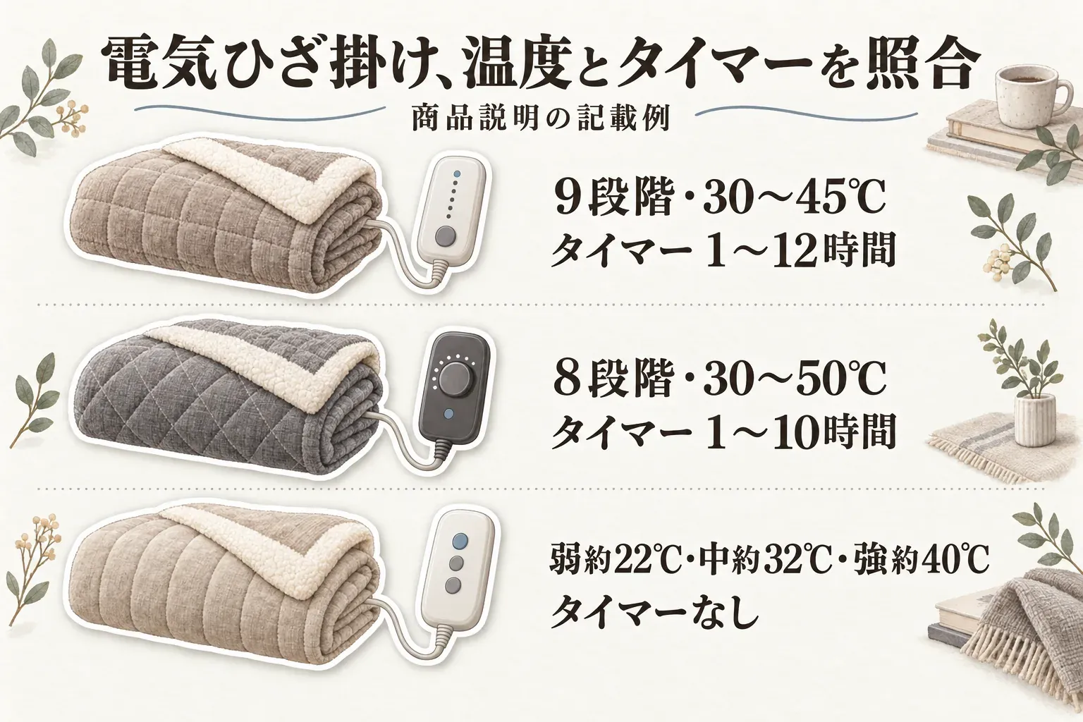 電気ひざ掛けの温度とタイマーの記載例。9段階・30〜45℃・タイマー1〜12時間、8段階・30〜50℃・タイマー1〜10時間、弱約22℃・中約32℃・強約40℃・タイマーなしの3例を、コントローラーと毛布で示している。