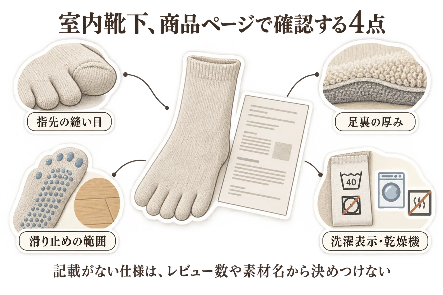 室内用靴下の商品ページで確認する4点を示す図。指先の縫い目、足裏の厚み、床材との相性を見る滑り止めの範囲、洗濯表示と乾燥機の可否を、靴下と商品ページのイラストで示し、記載がない仕様はレビュー数や素材名から決めつけないよう案内している。