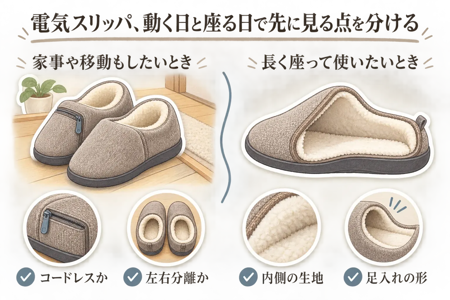 電気スリッパを、家事や移動もしたいときと長く座って使いたいときで選び分ける図。移動時はコードレスか・左右分離か、座って使うときは内側の生地・足入れの形を確認する点を示している。