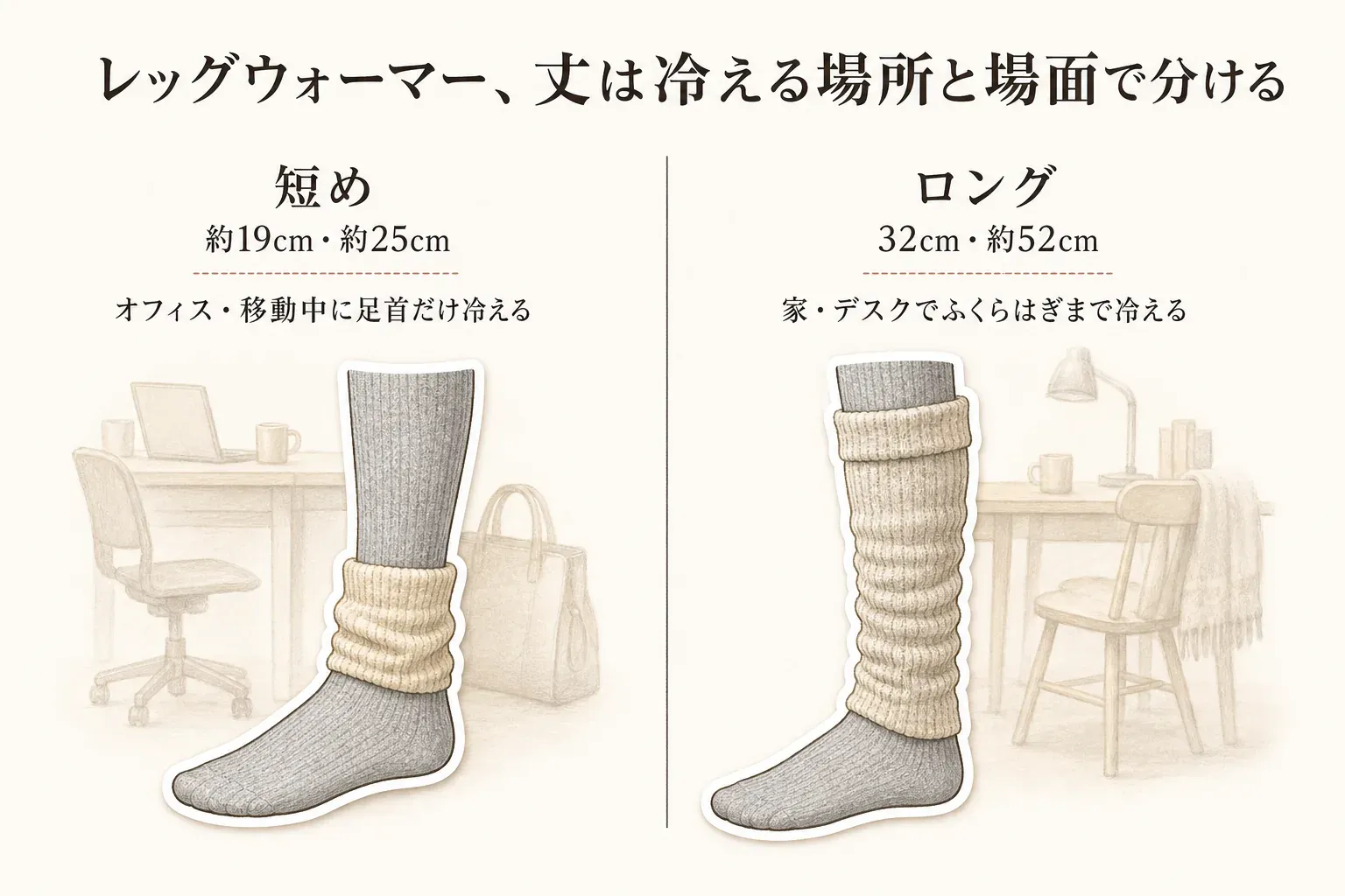 レッグウォーマーを丈と使う場面で分ける図。短めは約19cm・約25cmでオフィスや移動中に足首だけ冷える場面、ロングは32cm・約52cmで家やデスクでふくらはぎまで冷える場面を、それぞれ靴下とレッグウォーマーを着けた脚と仕事机のイラストで示している。