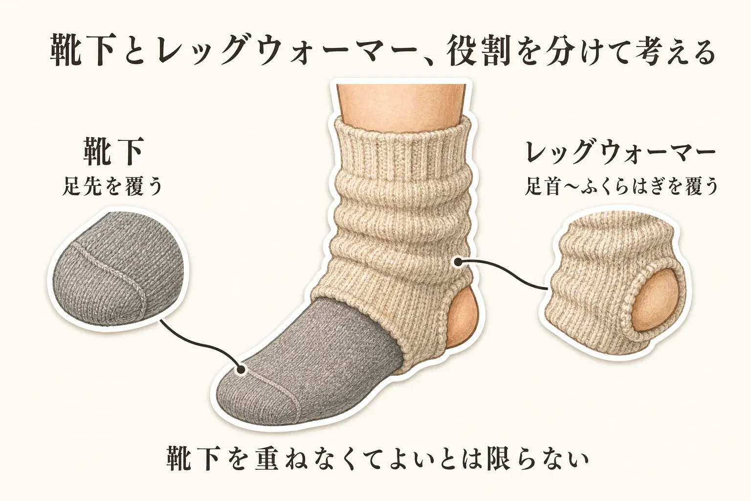 靴下とレッグウォーマーの役割の違いを示す図。靴下は足先を覆い、レッグウォーマーは足首からふくらはぎを覆うことを、靴下とレッグウォーマーを重ねた足のイラスト、つま先とかかとが開いたレッグウォーマーの拡大図で示している。靴下を重ねなくてよいとは限らないことも記載している。