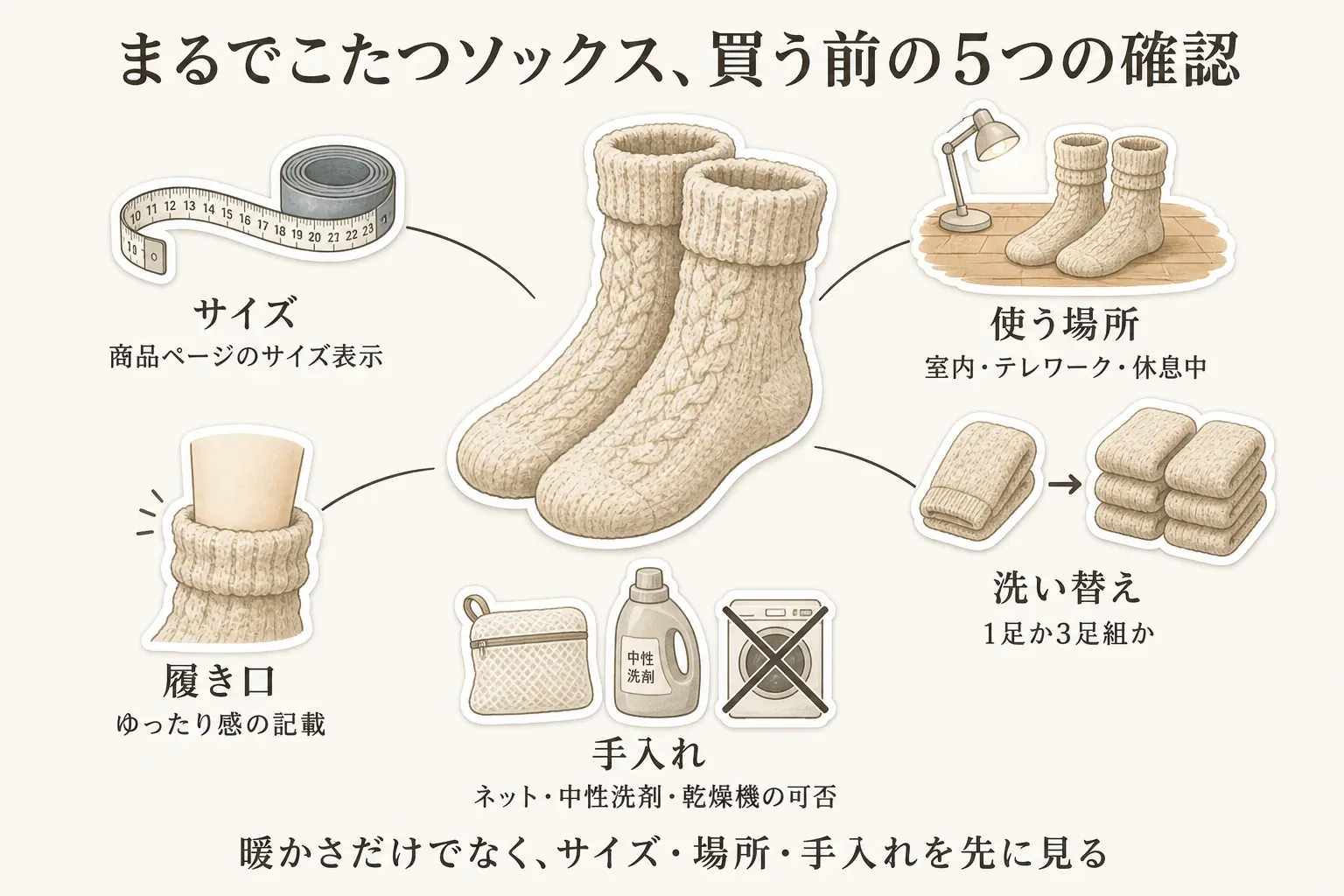 まるでこたつソックスを買う前の5つの確認事項を示す図。サイズは商品ページの表示、使う場所は室内・テレワーク・休息中、履き口はゆったり感の記載、洗い替えは1足か3足組、手入れは洗濯ネット・中性洗剤・乾燥機の可否を確認するよう、靴下と各アイコンで示している。