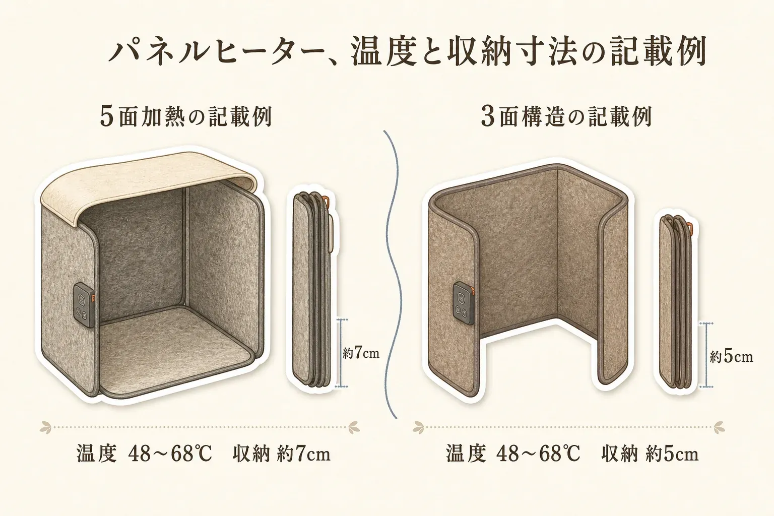 パネルヒーターの商品説明にある温度と収納寸法の記載例を比べた図。5面加熱は温度48〜68℃・収納約7cm、3面構造は温度48〜68℃・収納約5cmと示している。