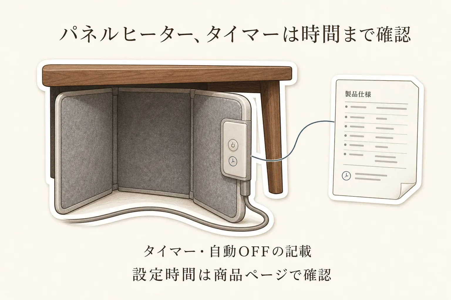 デスク下の3面パネルヒーターと製品仕様書を描き、タイマー・自動OFFの記載だけでなく、設定時間を商品ページで確認する必要があることを示す図。