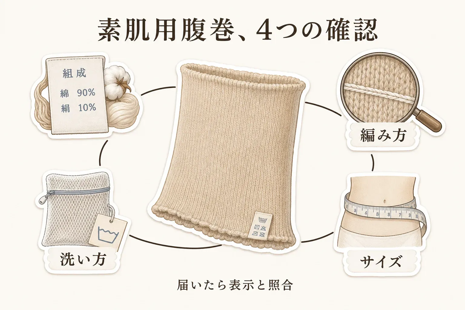 素肌用腹巻の4つの確認を示す図。腹巻を中心に、綿90％・絹10％と書かれた組成表示、編み方を拡大した虫眼鏡、洗濯ネットと洗濯表示、腹囲を測るメジャーを配置し、届いたら表示と照合するよう案内している。