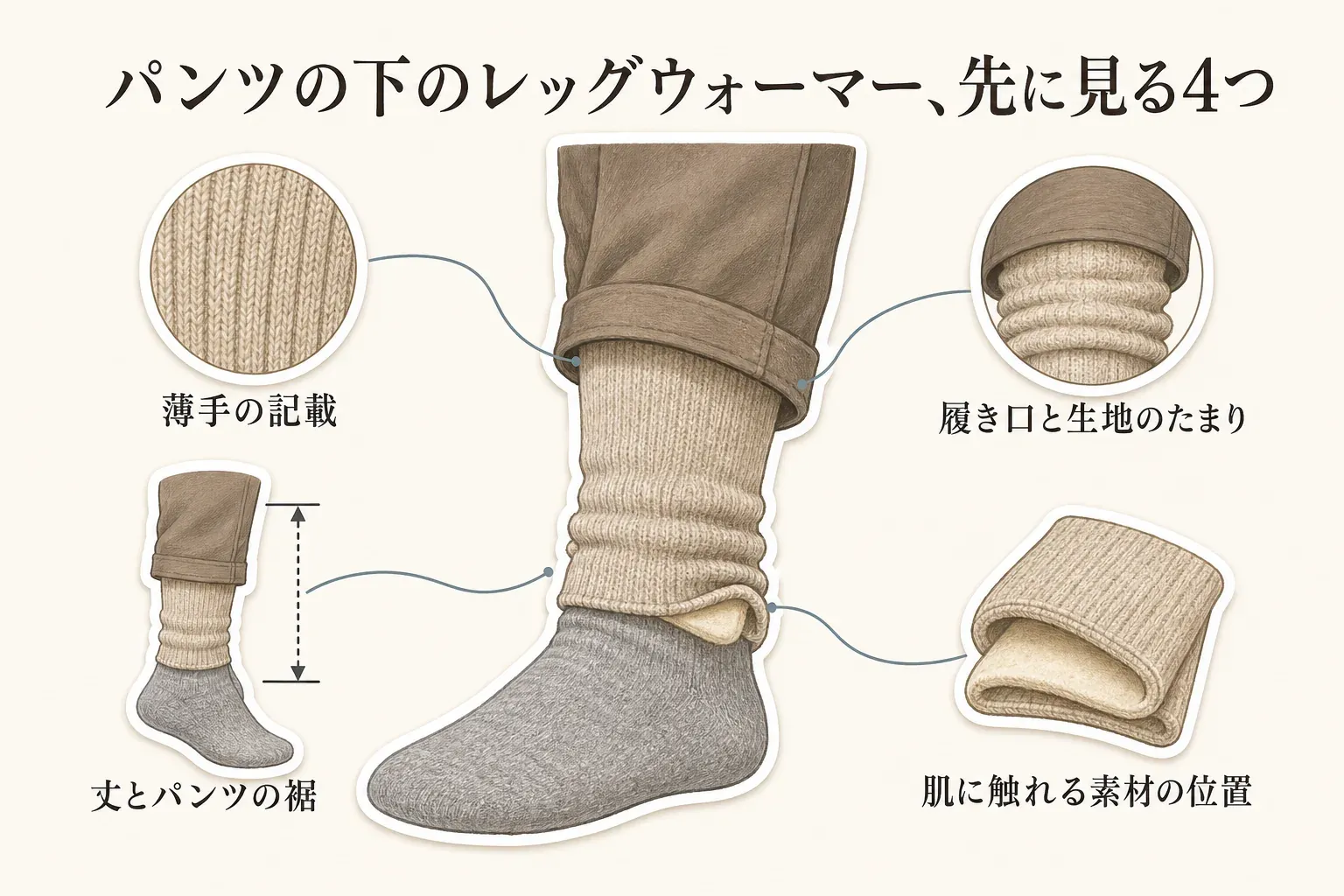 パンツの下にレッグウォーマーを重ねるときに先に見る4項目。薄手の記載、丈とパンツの裾の位置、履き口と生地がたまる位置、肌に触れる素材の位置を、靴下とレッグウォーマーを重ねた脚のイラストで示している。