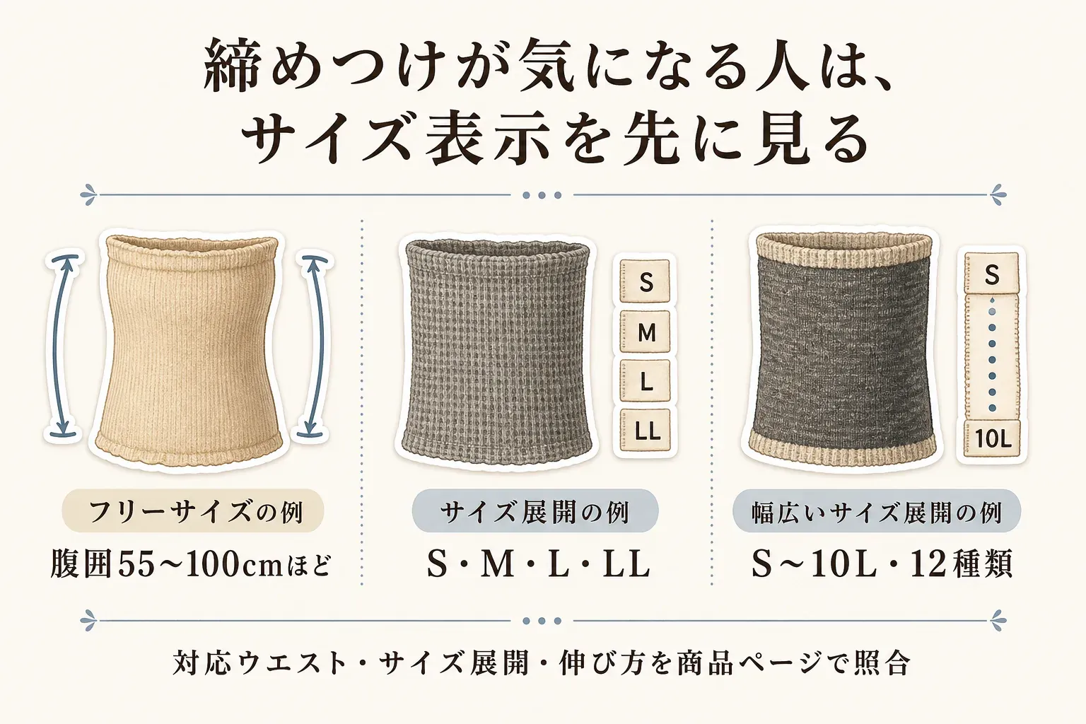 締めつけが気になる人向けの腹巻のサイズ表示例。腹囲55〜100cmほどのフリーサイズ、S・M・L・LLのサイズ展開、S〜10Lの12種類の幅広いサイズ展開を腹巻のイラストとともに示し、対応ウエスト・サイズ展開・伸び方を商品ページで照合するよう案内している。