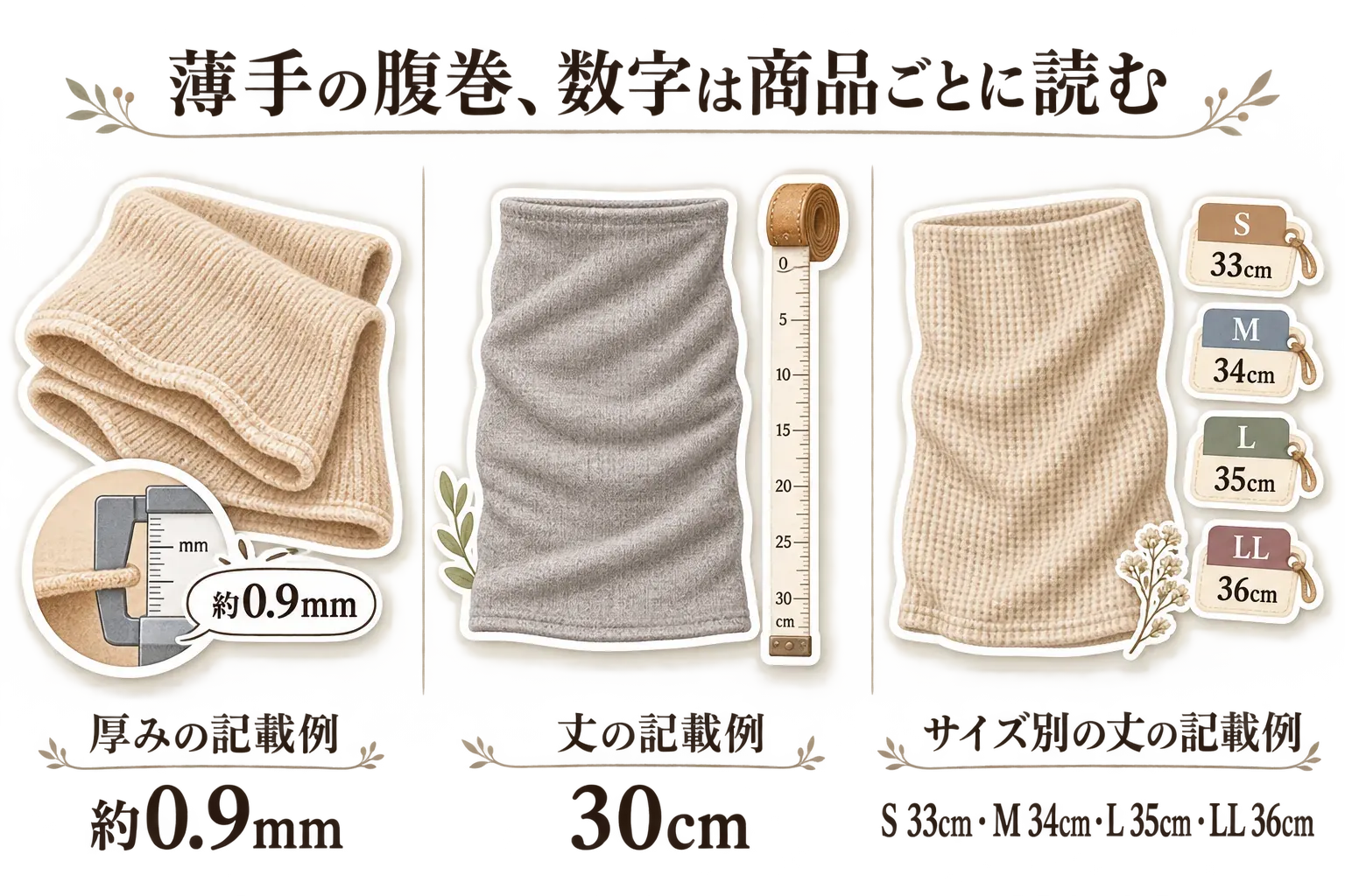 薄手の腹巻の商品説明にある数値の例。厚み約0.9mm、丈30cm、サイズ別の丈はSが33cm・Mが34cm・Lが35cm・LLが36cmと表示されていることを、腹巻、ノギス、メジャー、サイズ札のイラストで示した図。