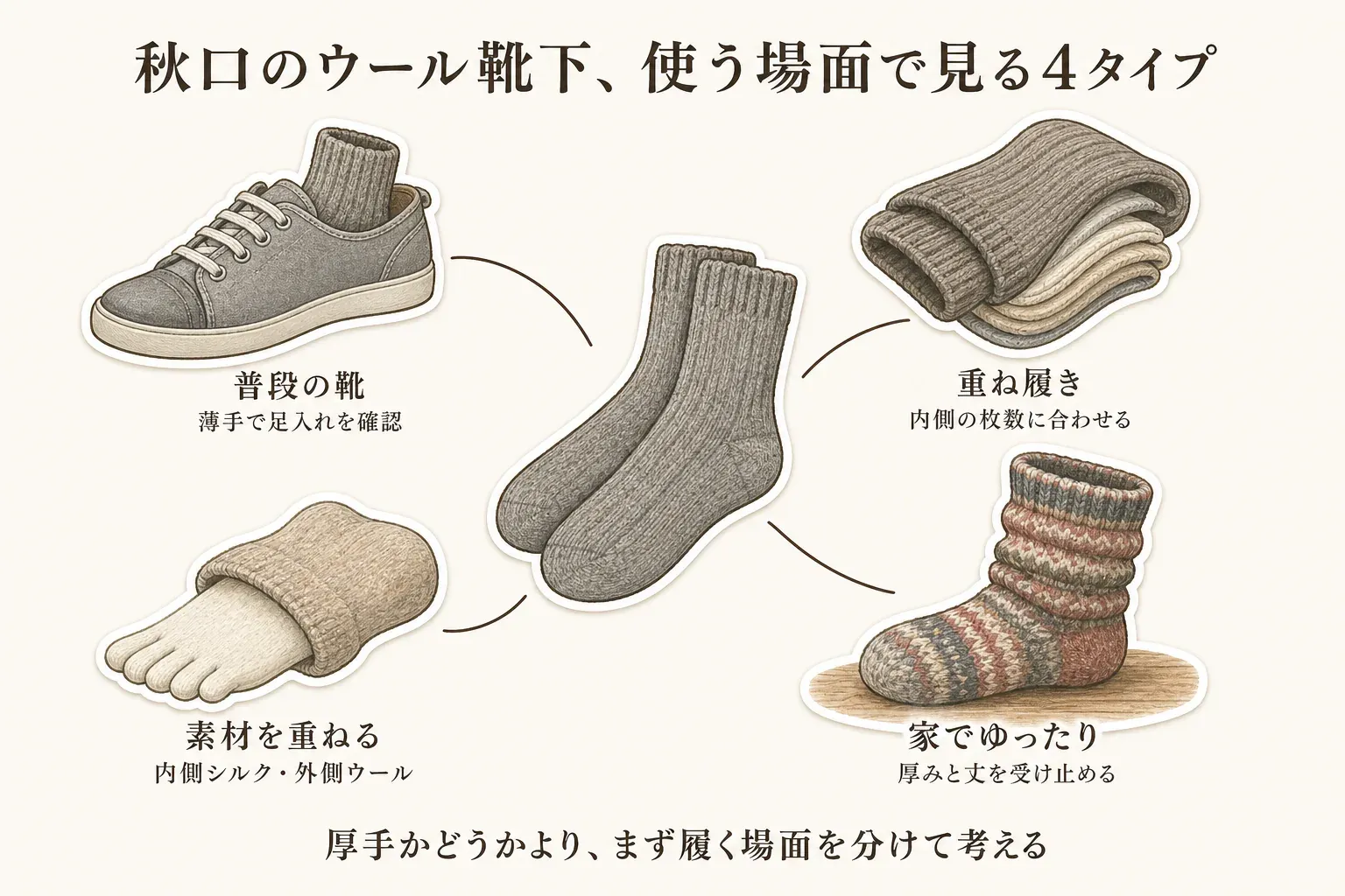 秋口のウール靴下を使う場面別に選ぶガイド。外出用は普段の靴に収まる厚み、重ね履き用は内側の靴下を重ねられるゆとり、室内用は丈と締めつけにくさを確認することを、靴・重ねた靴下・室内でくつろぐ人のイラストで示している。