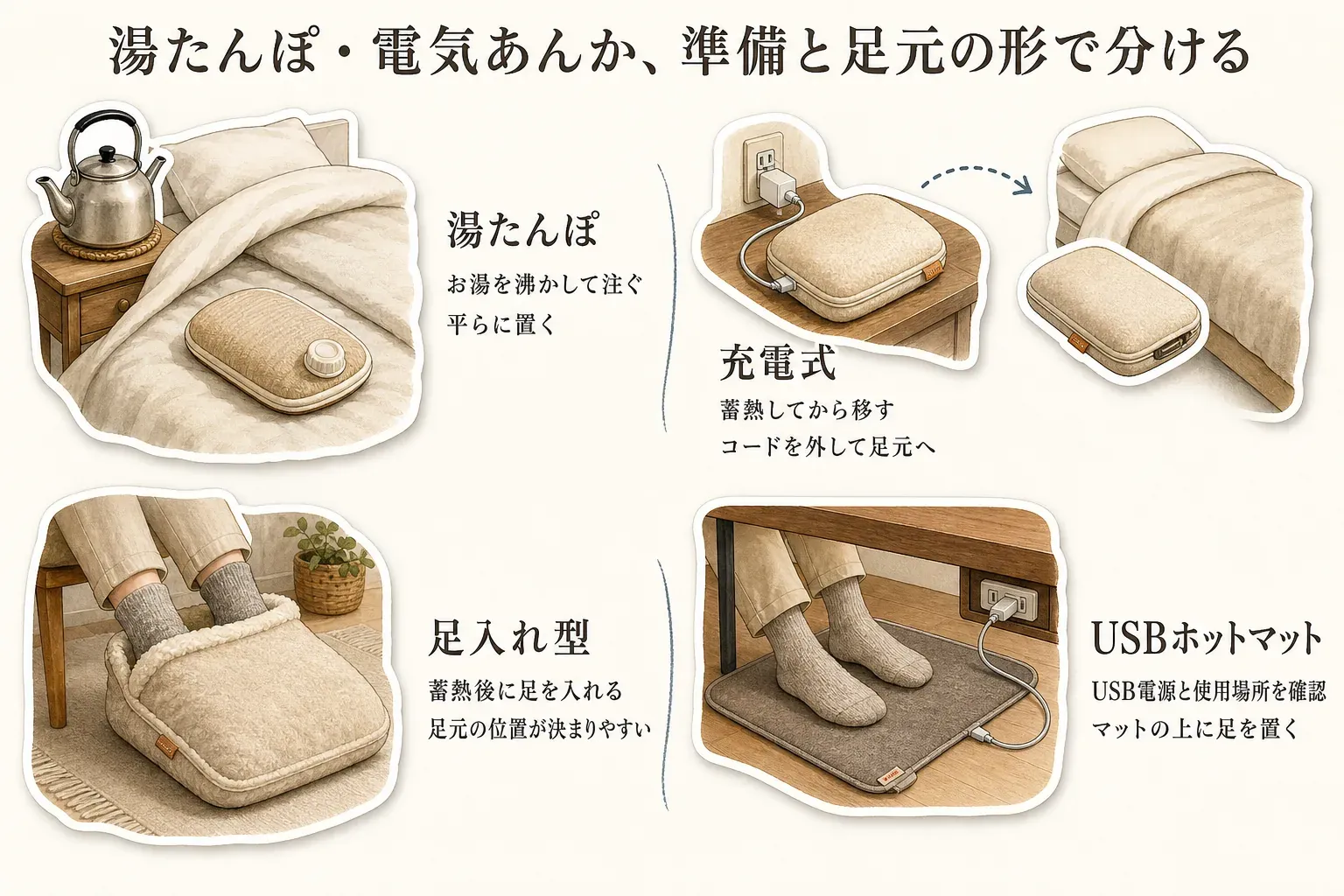 湯たんぽ・電気あんかを準備と足元の形で分ける図。湯たんぽはお湯を沸かして注ぎ布団の足元に平らに置く、充電式は蓄熱後にコードを外して足元へ移す、足入れ型は蓄熱後に足を入れる、USBホットマットはUSB電源と使用場所を確認してマットの上に足を置く流れを示している。