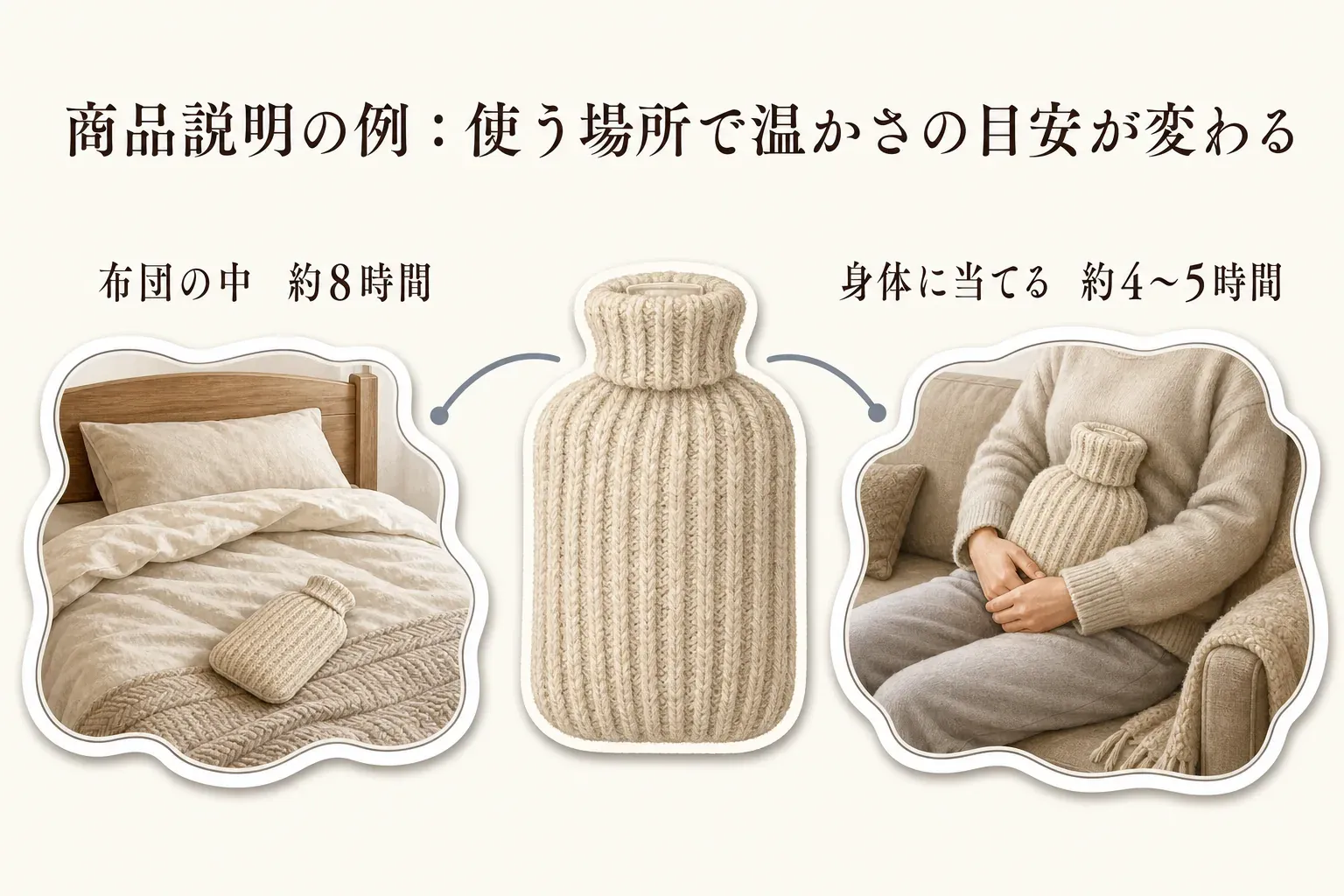 商品説明にある湯たんぽの温かさの目安を示す図。布団の中で約8時間、身体に当てる場合は約4〜5時間で、使う場所によって目安が変わることを、ベッドとソファで湯たんぽを使う場面で示している。