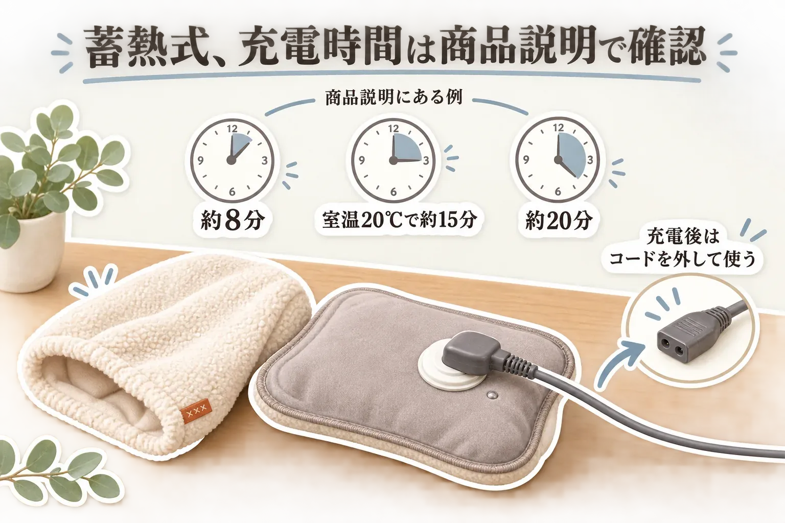 蓄熱式の充電湯たんぽの充電時間を商品説明の例で示す図。約8分、室温20℃で約15分、約20分の時計と、専用コードをつないだ湯たんぽを描き、充電後はコードを外して使うことを示している。